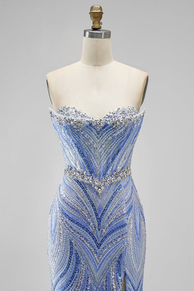 Load image into Gallery viewer, Sparkly Blue Beaded Mermaid Sweetheart Long Sequins Prom Dress with Slit