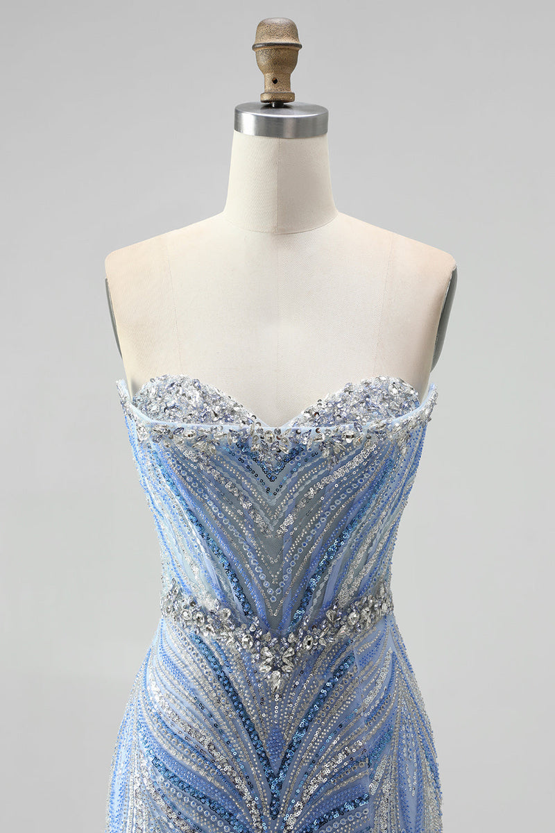 Load image into Gallery viewer, Sparkly Blue Beaded Mermaid Sweetheart Long Sequins Prom Dress with Slit