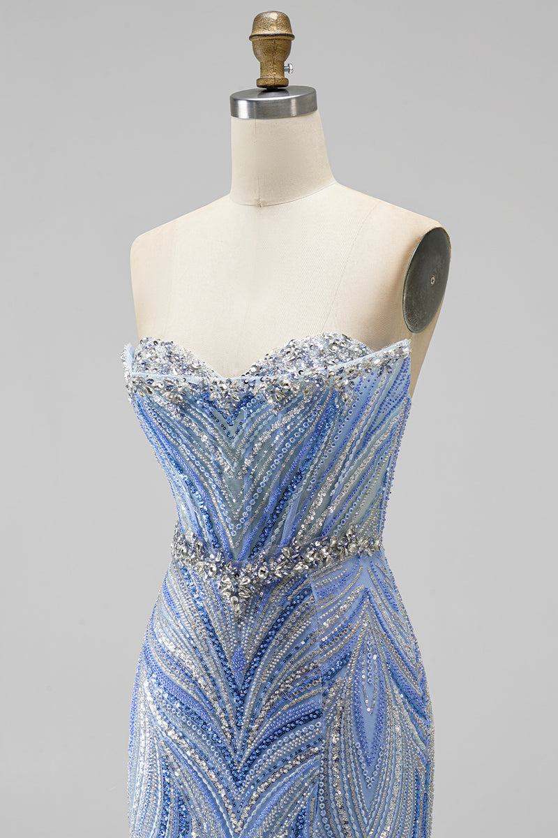 Load image into Gallery viewer, Sparkly Blue Beaded Mermaid Sweetheart Long Sequins Prom Dress with Slit