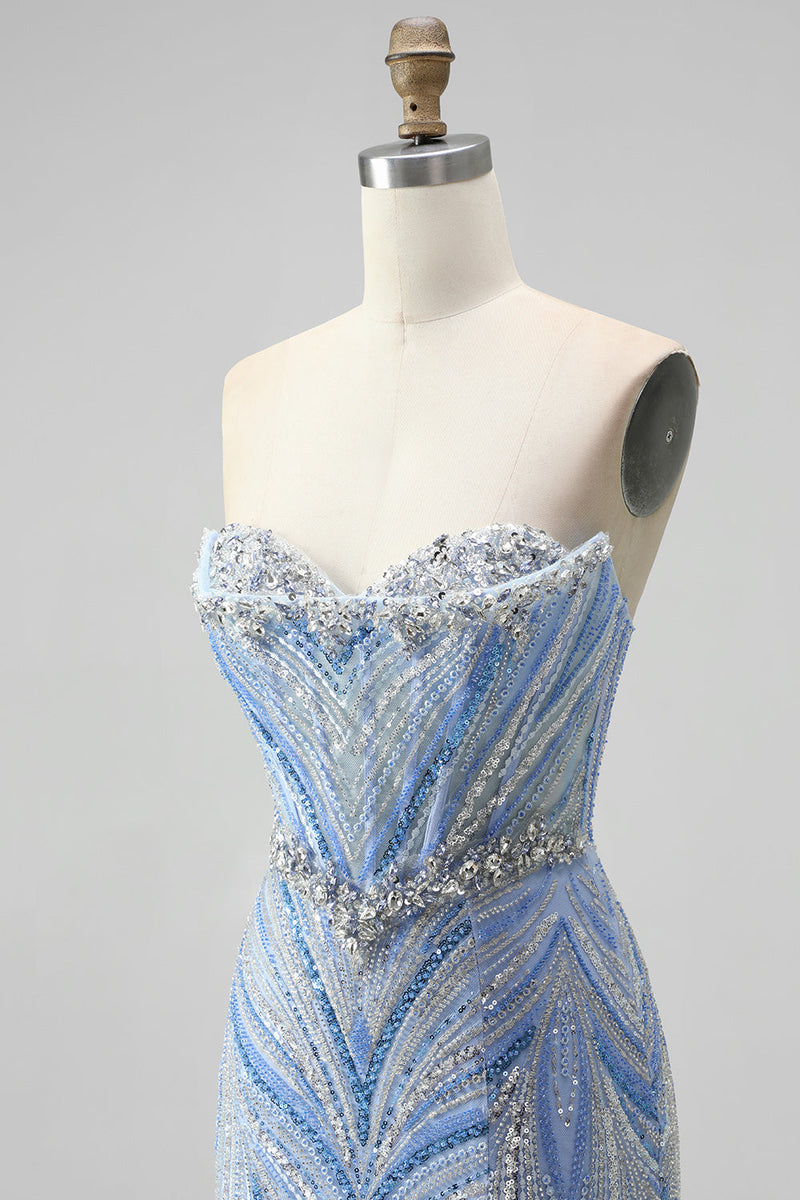 Load image into Gallery viewer, Sparkly Blue Beaded Mermaid Sweetheart Long Sequins Prom Dress with Slit