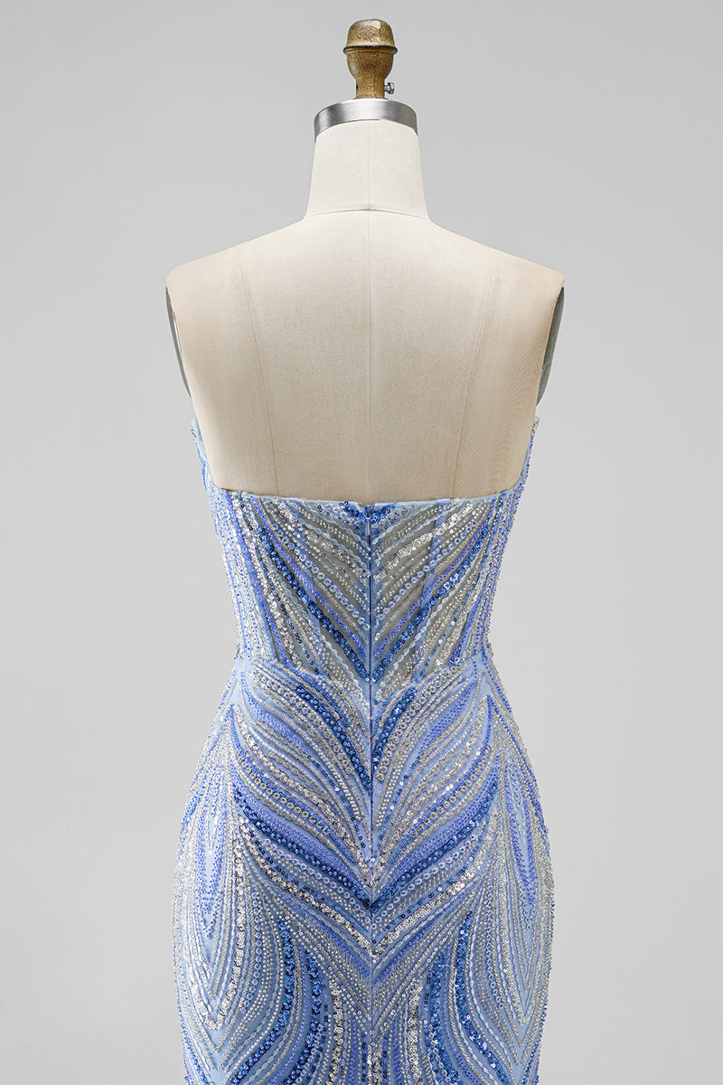 Load image into Gallery viewer, Sparkly Blue Beaded Mermaid Sweetheart Long Sequins Prom Dress with Slit