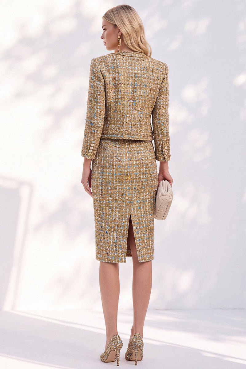 Load image into Gallery viewer, Tweed Golden Bodycon Round Neck Two Piece Single Breasted Women Suits with Slit