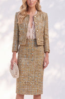 Load image into Gallery viewer, Tweed Golden Bodycon Round Neck Two Piece Single Breasted Women Suits with Slit
