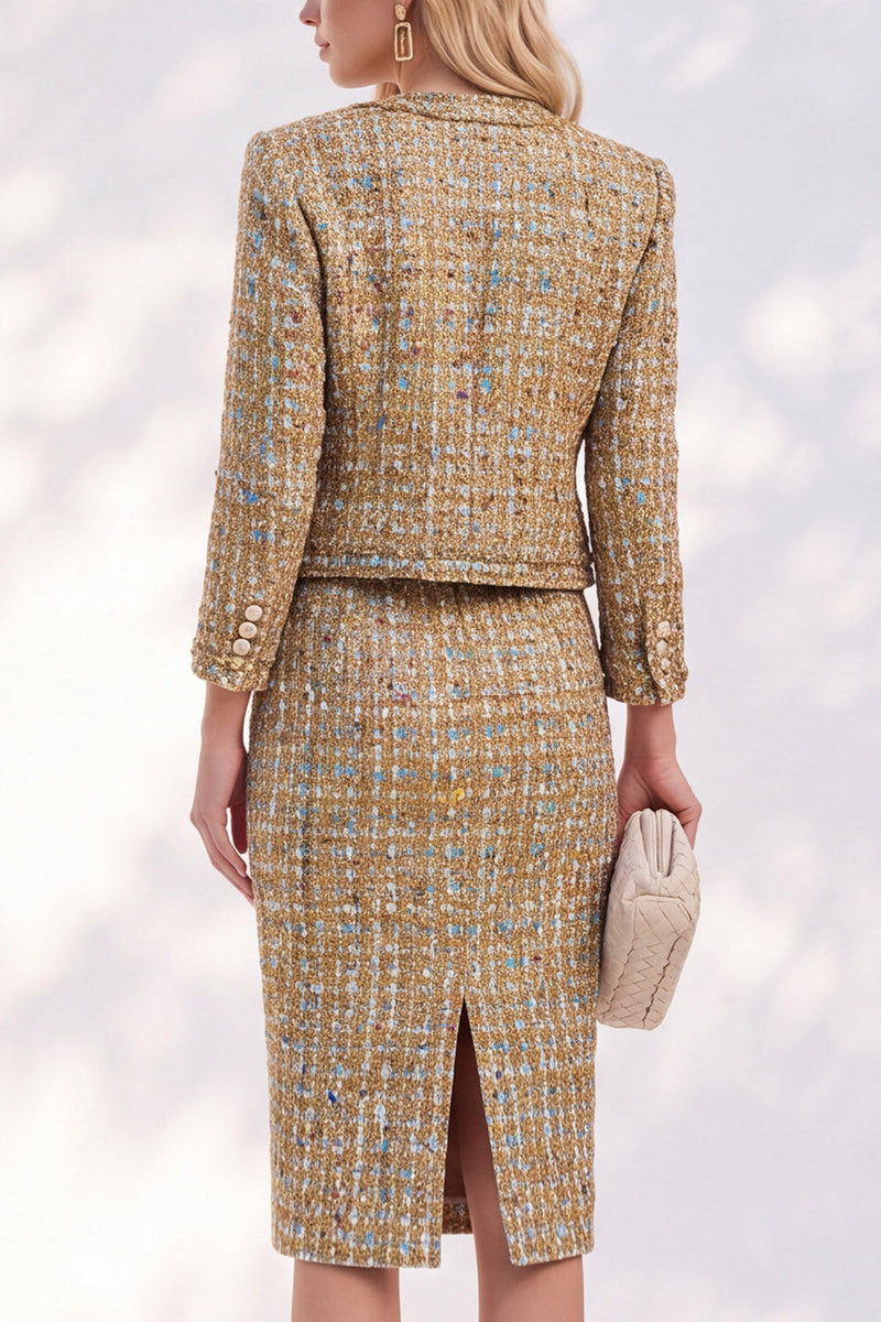 Load image into Gallery viewer, Tweed Golden Bodycon Round Neck Two Piece Single Breasted Women Suits with Slit