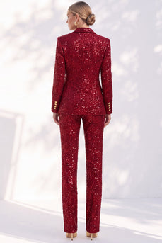 Sparkly Red Sequin Two Piece Peak Lapel Double Breasted Women Prom Suits
