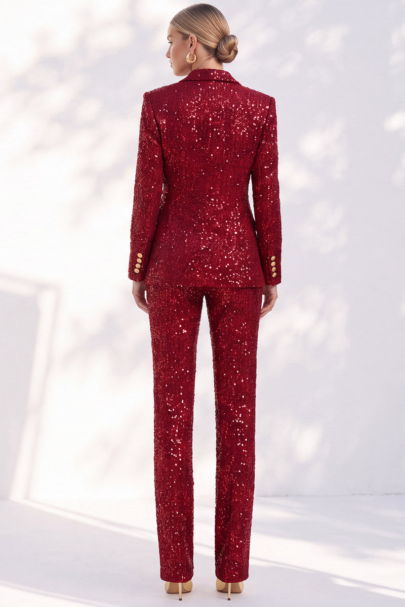 Load image into Gallery viewer, Sparkly Red Sequin Two Piece Peak Lapel Double Breasted Women Prom Suits