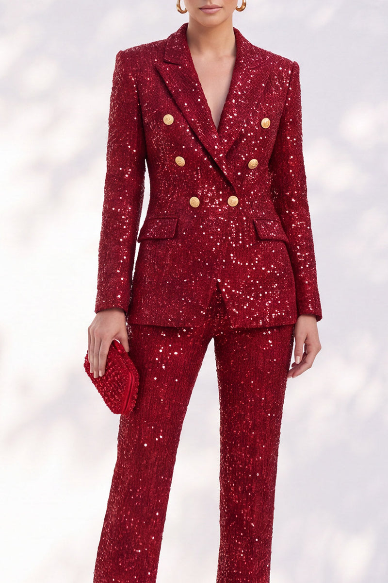 Load image into Gallery viewer, Sparkly Red Sequin Two Piece Peak Lapel Double Breasted Women Prom Suits