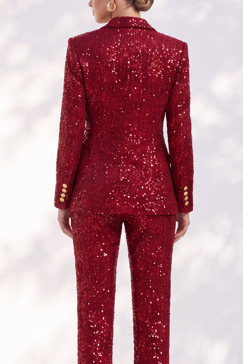 Load image into Gallery viewer, Sparkly Red Sequin Two Piece Peak Lapel Double Breasted Women Prom Suits