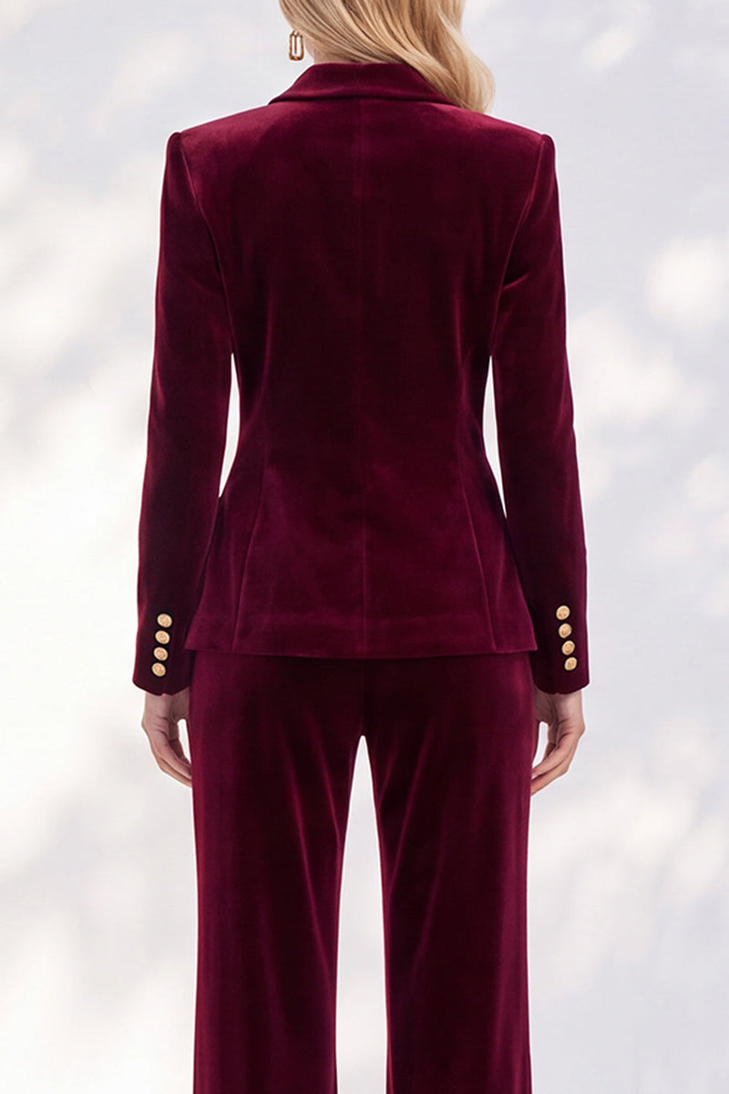 Load image into Gallery viewer, Burgundy Velvet Peak Lapel 2 Piece Slim Fit Ruffled Work Suits