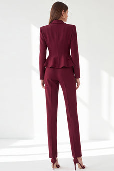 Burgundy Shawl Lapel 2 Piece Ruffled Slim Fit Work Suits with Pockets
