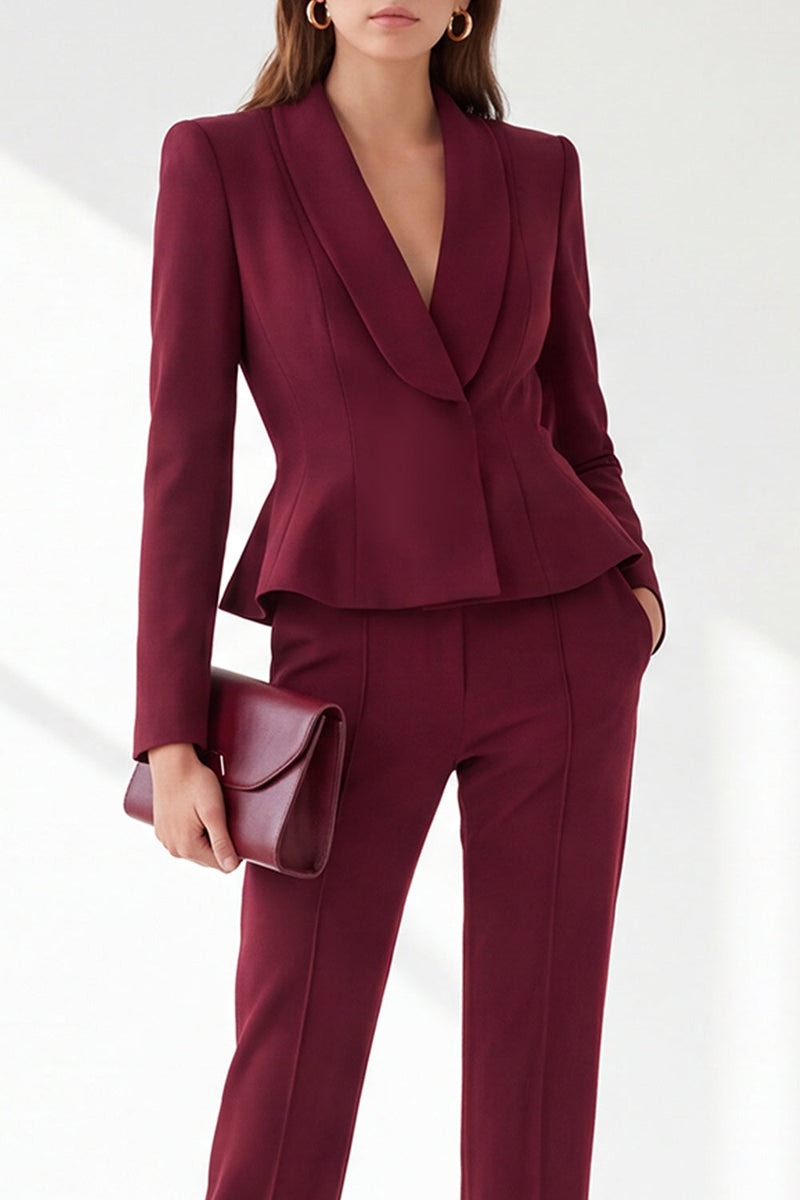 Load image into Gallery viewer, Burgundy Shawl Lapel 2 Piece Ruffled Slim Fit Work Suits with Pockets