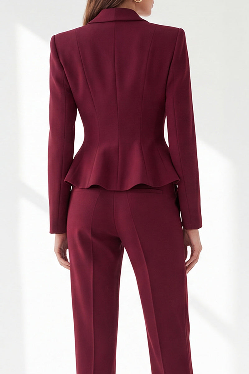 Load image into Gallery viewer, Burgundy Shawl Lapel 2 Piece Ruffled Slim Fit Work Suits with Pockets