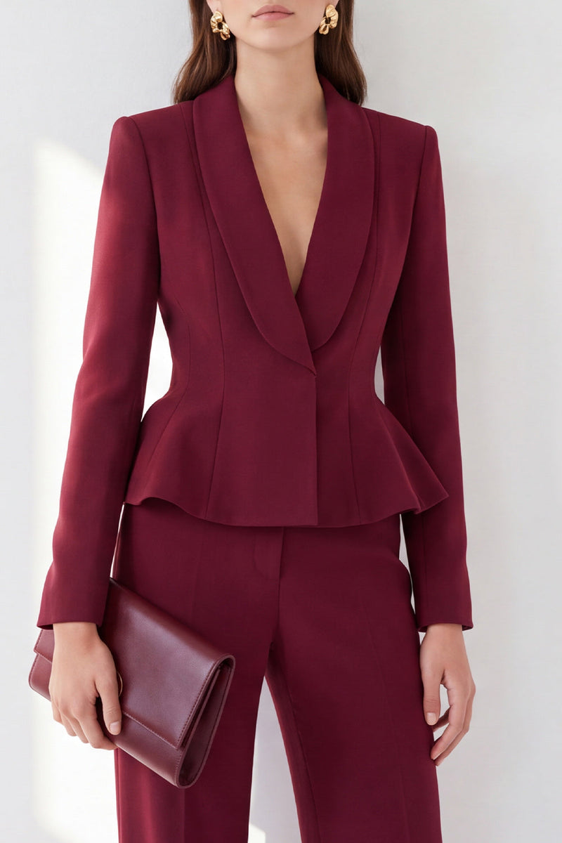 Load image into Gallery viewer, Burgundy Shawl Lapel 2 Piece Ruffled Slim Fit Work Suits with Pockets