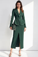Load image into Gallery viewer, Dark Green 2 Piece Notched Lapel Pencil One Button Ruffled Midi Work Dress with Slit