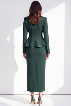 Dark Green 2 Piece Notched Lapel Pencil One Button Ruffled Midi Work Dress with Slit