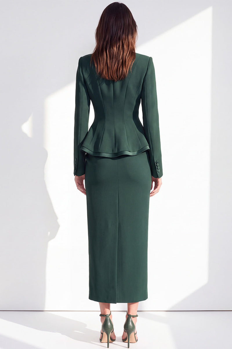 Load image into Gallery viewer, Dark Green 2 Piece Notched Lapel Pencil One Button Ruffled Midi Work Dress with Slit