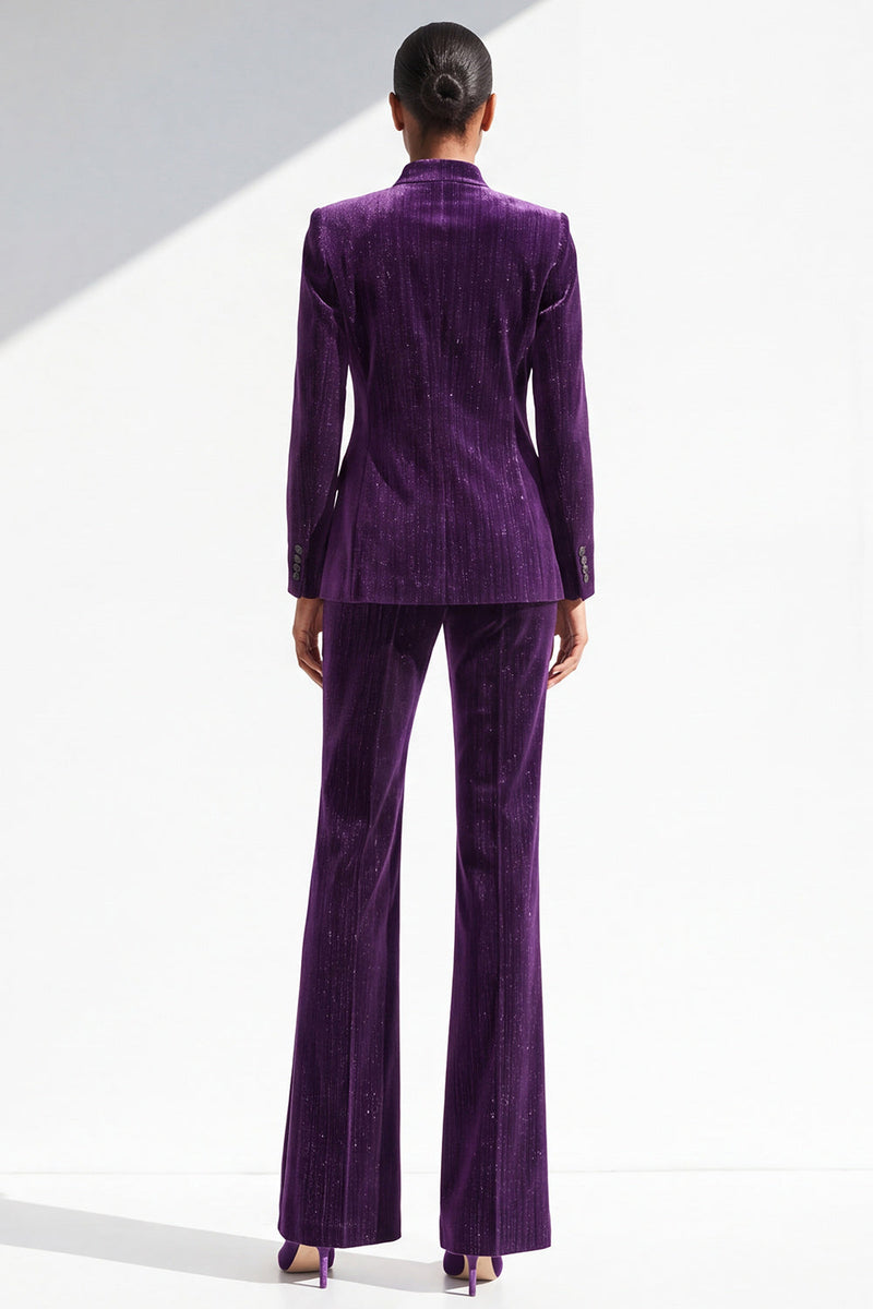 Load image into Gallery viewer, Dark Purple Glitter 2 Piece Lapel Slim Fit One Button Velvet Work Suits