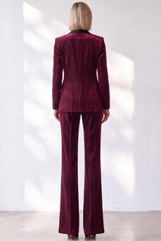 Sparkly Burgundy 2 Piece Striped Slim Fit Shawl Lapel Velvet Work Suits with Pockets