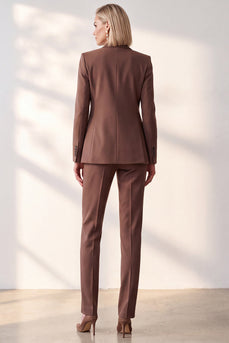 Coffee 2 Piece Peak Lapel Single Breasted Slim Fit Work Suits with Pockets