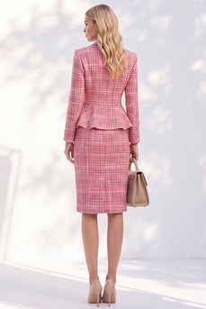 Pink 2 Piece Pencil Notched Lapel Tweed Ruffled Midi Pageant Interview Outfits