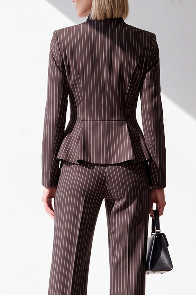 Load image into Gallery viewer, Coffee 2 Piece One Button V-Neck Slim Fit Striped Ruffled Work Suits with Pockets