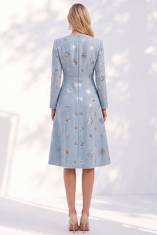 Sparkly Blue A-Line Round Neck Tweed Midi Work Dress with Sequins