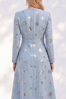 Load image into Gallery viewer, Sparkly Blue A-Line Round Neck Tweed Midi Work Dress with Sequins