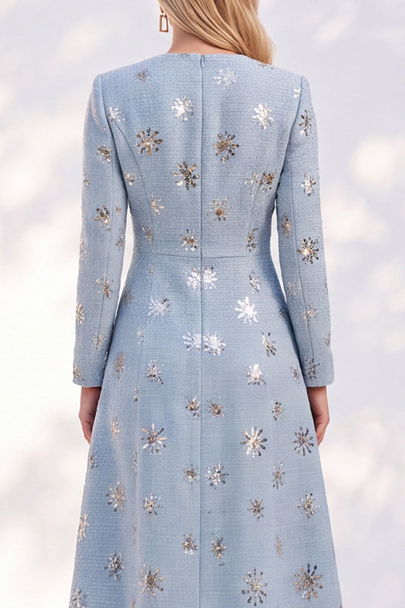 Load image into Gallery viewer, Sparkly Blue A-Line Round Neck Tweed Midi Work Dress with Sequins