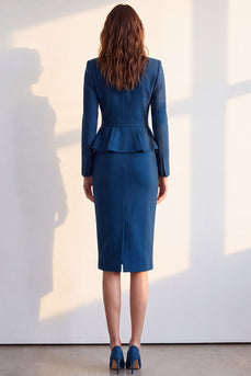 Dark Blue 2 Piece Notched Lapel Pencil Ruffled One Button Midi Work Dress with Pocket