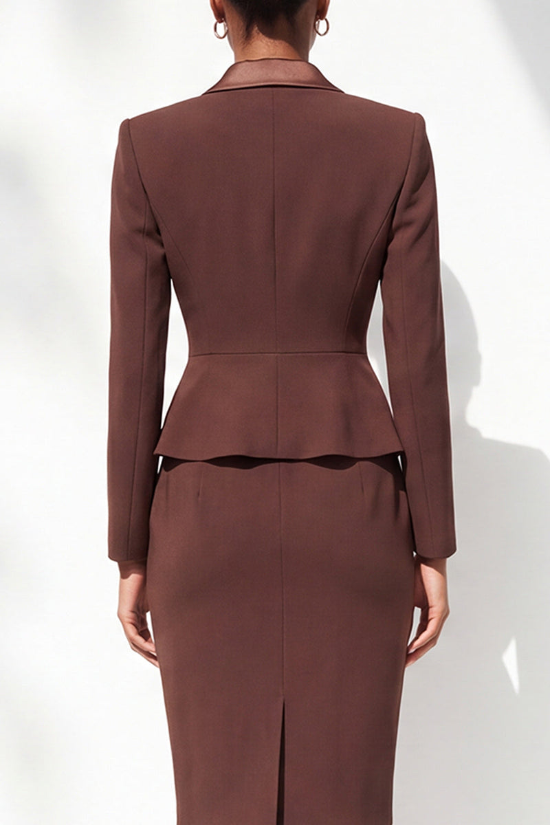 Load image into Gallery viewer, Coffee Peak Lapel 2 Piece Double Breasted Pencil Midi Work Dress with Slit