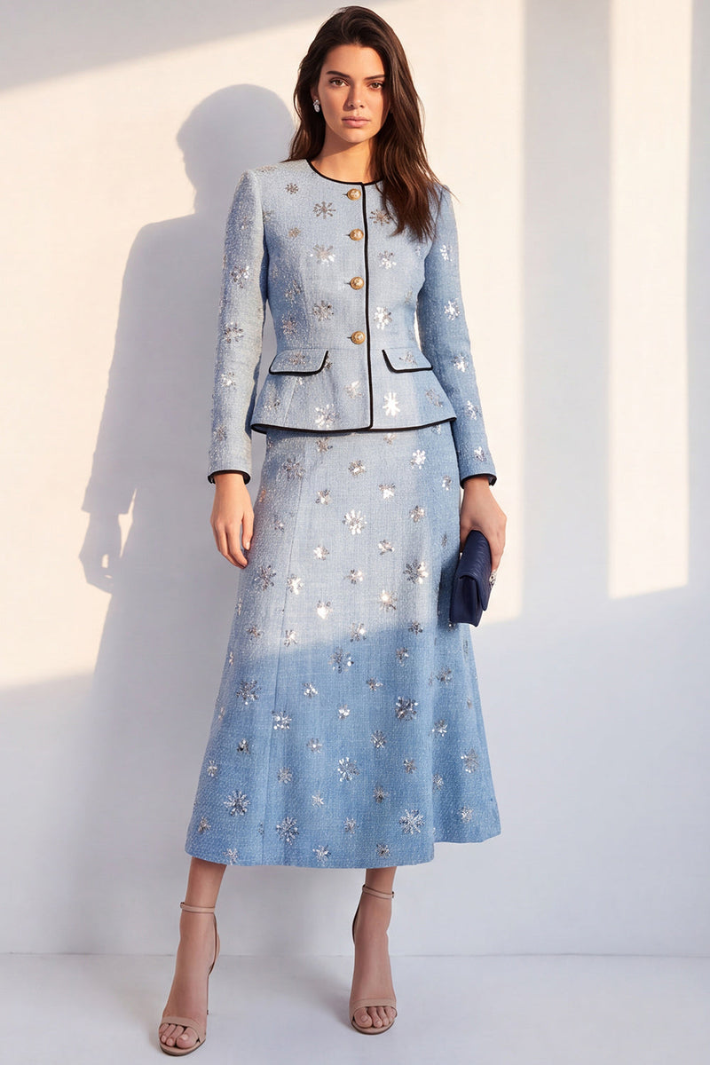 Load image into Gallery viewer, Sparkly Blue Floral Round Neck 2 Piece A Line Tweed Single Breasted Midi Work Dress with Sequins