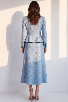 Sparkly Blue Floral Round Neck 2 Piece A Line Tweed Single Breasted Midi Work Dress with Sequins