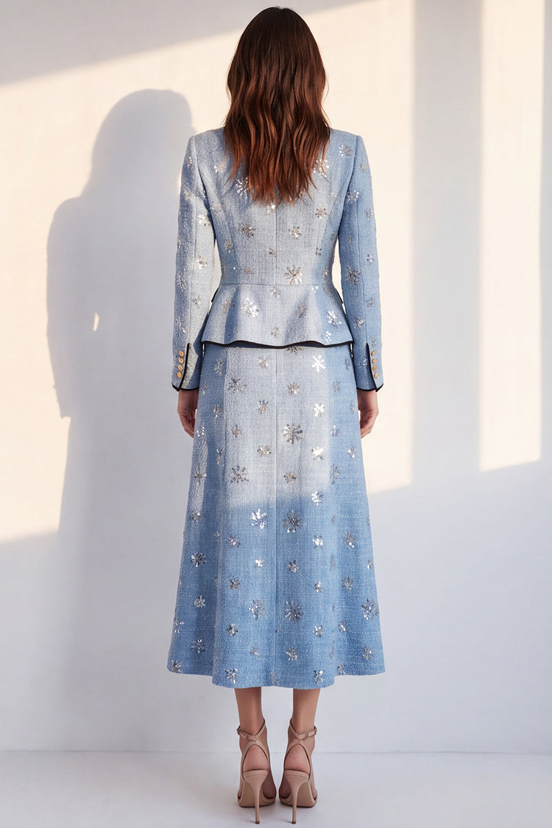 Load image into Gallery viewer, Sparkly Blue Floral Round Neck 2 Piece A Line Tweed Single Breasted Midi Work Dress with Sequins