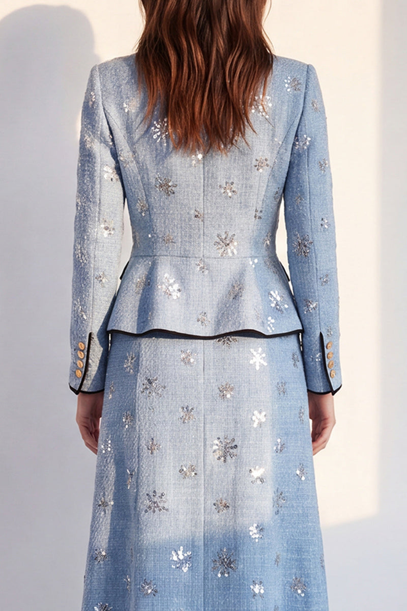 Load image into Gallery viewer, Sparkly Blue Floral Round Neck 2 Piece A Line Tweed Single Breasted Midi Work Dress with Sequins