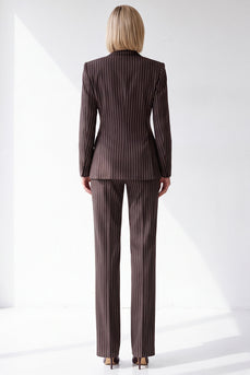 Coffee Striped 2 Piece Peak Lapel Double Breasted Women Suits
