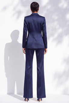 Navy Notched Lapel Beaded 2 Piece Satin Women Suits with Sash