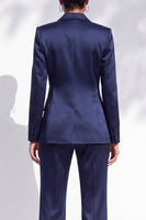 Load image into Gallery viewer, Navy Notched Lapel Beaded 2 Piece Satin Women Suits with Sash