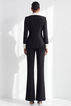 Black White Lapel Patchwork 2 Piece Double Breasted Work Suits with Pockets