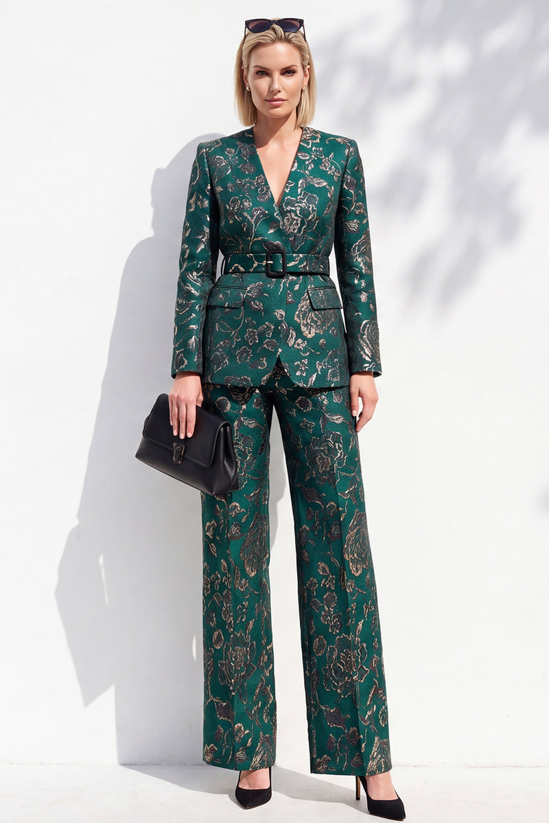 Load image into Gallery viewer, Floral Dark Green 2 Piece V-Neck Jacquard Prom Suits with Belt
