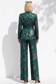 Floral Dark Green 2 Piece V-Neck Jacquard Prom Suits with Belt