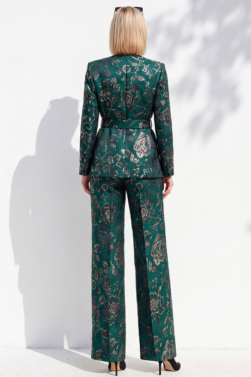 Load image into Gallery viewer, Floral Dark Green 2 Piece V-Neck Jacquard Prom Suits with Belt