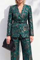 Load image into Gallery viewer, Floral Dark Green 2 Piece V-Neck Jacquard Prom Suits with Belt