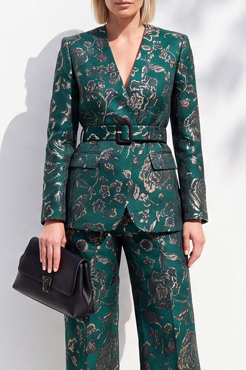 Load image into Gallery viewer, Floral Dark Green 2 Piece V-Neck Jacquard Prom Suits with Belt
