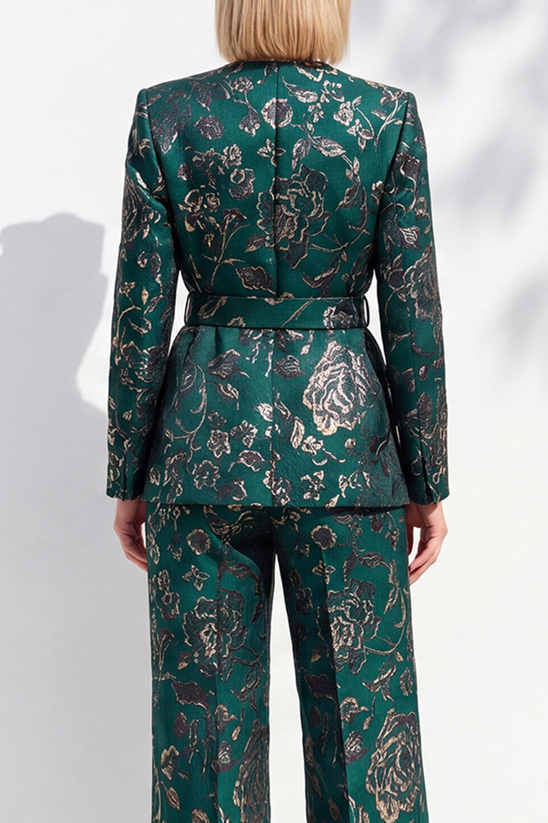 Load image into Gallery viewer, Floral Dark Green 2 Piece V-Neck Jacquard Prom Suits with Belt