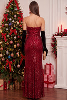 Load image into Gallery viewer, Sparkly Red Sequin Ruched Sweetheart Long Formal Dress with Slit