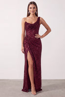 Load image into Gallery viewer, Sparkly Burgundy Sequin One Shoulder Ruched Long Formal Dress with Slit