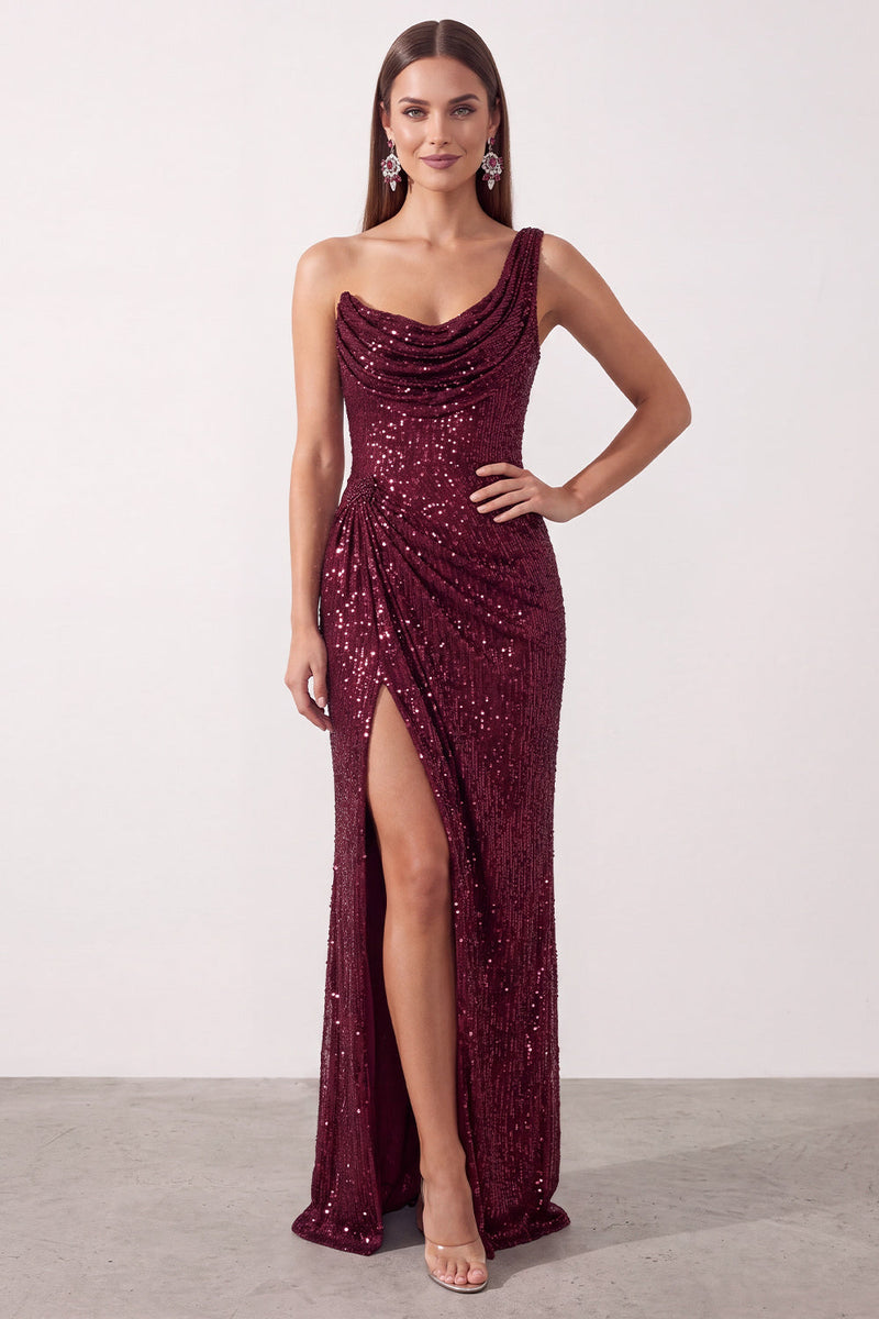 Load image into Gallery viewer, Sparkly Burgundy Sequin One Shoulder Ruched Long Formal Dress with Slit