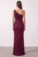 Load image into Gallery viewer, Sparkly Burgundy Sequin One Shoulder Ruched Long Formal Dress with Slit