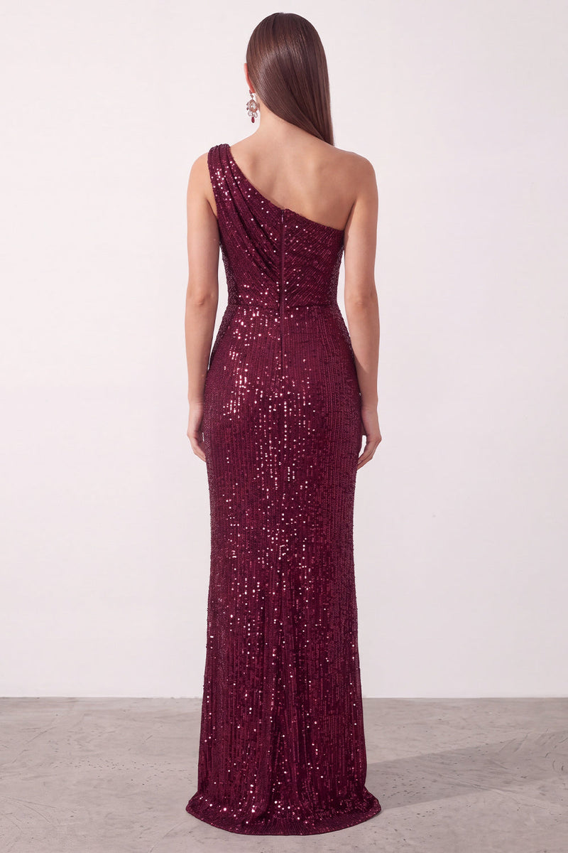 Load image into Gallery viewer, Sparkly Burgundy Sequin One Shoulder Ruched Long Formal Dress with Slit