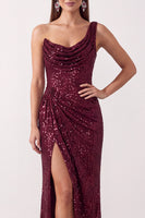 Load image into Gallery viewer, Sparkly Burgundy Sequin One Shoulder Ruched Long Formal Dress with Slit